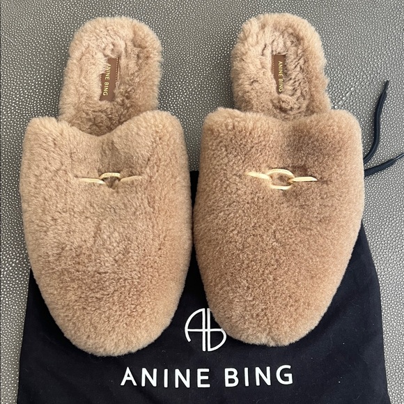 Anine Bing Beige Plush Slippers with Gold Detail - Picture 1 of 3
